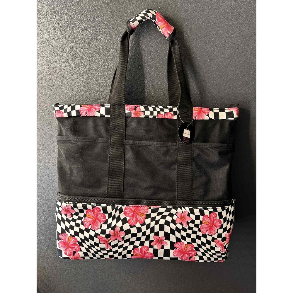 No Boundaries Beach Zip Bottom Tote Insulated Bag Black Hibiscus Floral NWT